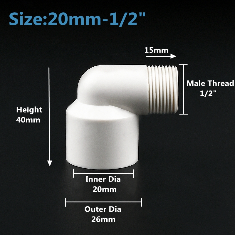 Connecteur PVC blanc 20 25 32mm à 1/2 "3/4" 1 ", réducteur égal à 90 degrés, raccord à filetage mâle, Joint coudé pour l'irrigation du jardin