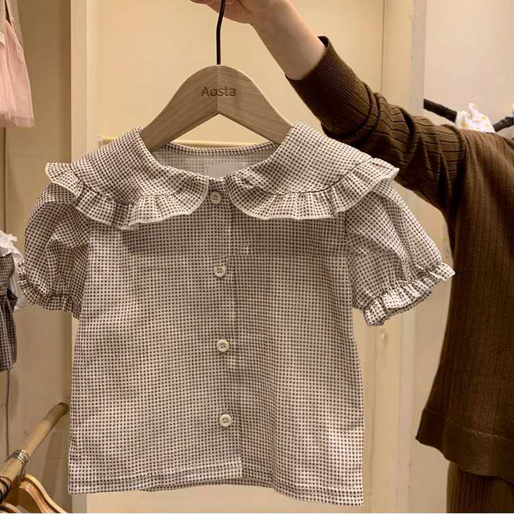 Spring Korean children's clothing summer children's baby plaid small shirt lapel cute puff sleeves with short sleeves