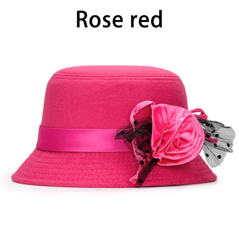 Ladies Formal Fedora Bowler Hats Vintage Women Hat Imitation Woolen Flower Autumn Winter Keep Warm Bucket Cap: Pink