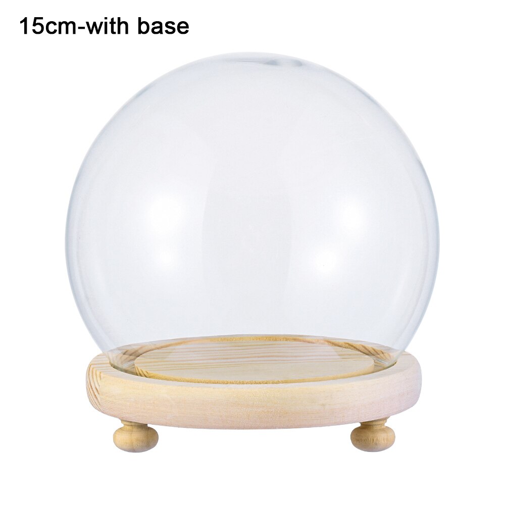 1Pcs Sferische Glas Cloche Jar Display Stand Cover Terrarium Fles Met Houten Base Acryl Stofkap Display Box Bloem doos: 15cm-with base