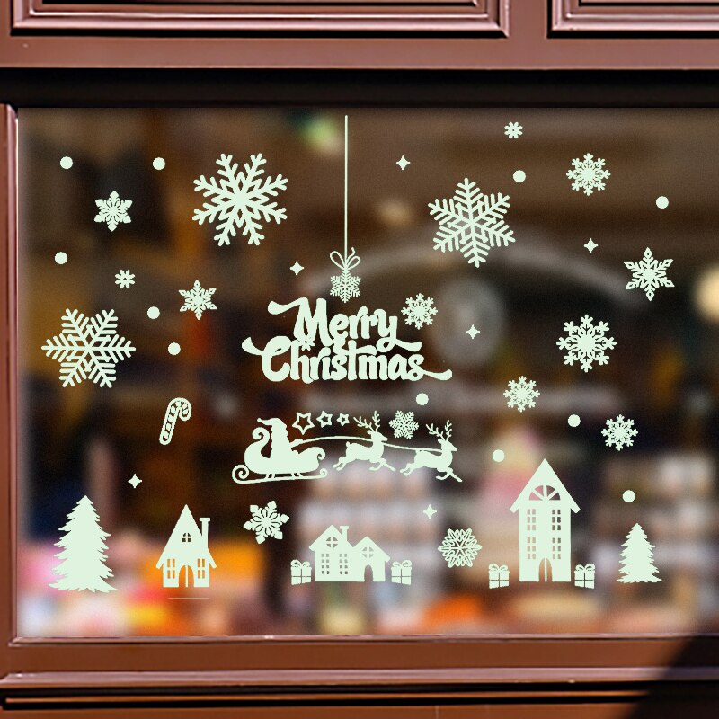 2 Sheets Glowing Christmas Window Decal Sticker PVC Snowflake Merry Christmas Letter Decal for Kids Room School Xmas Decor