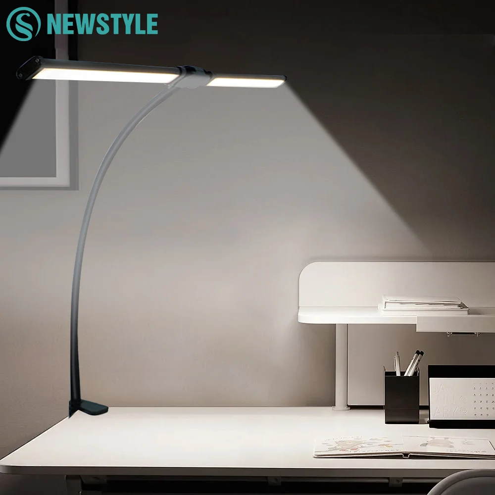 Lampada da scrivania per protezione degli occhi a doppia testa Luce regolabile a 10 livelli Clip LED da 10 W Collo di cigno flessibile Illuminazione per ufficio domestico Luci da scrivania
