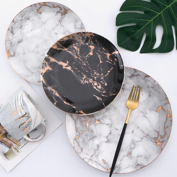 Europese Stijl Marmeren Platen Keramische Diner Set Gold Inlay Porselein Dessertbord Steak Salade Snack Taart Platen Servies
