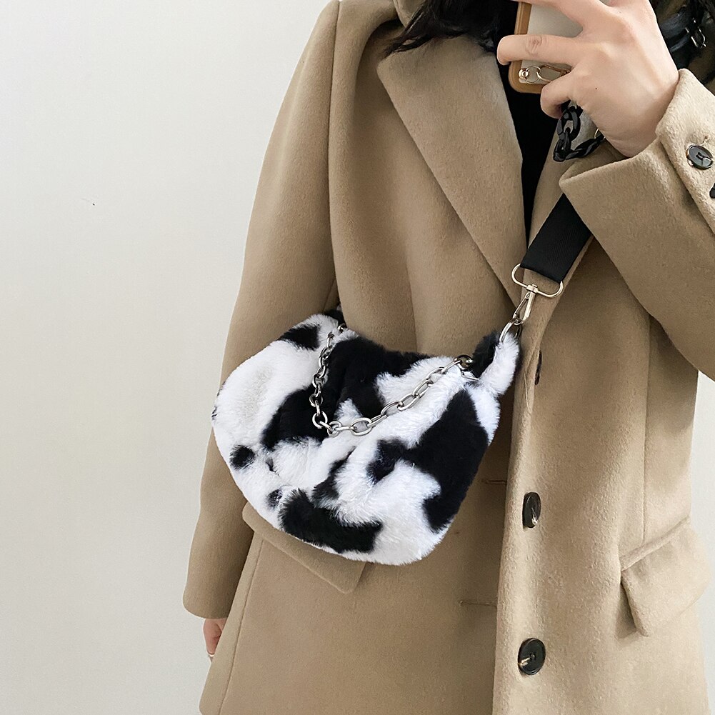 hiver vache imprimer sacs à bandoulière pour femmes doux en peluche sac à main femme chaîne sac bandoulière fourrure moelleux sac sac femme