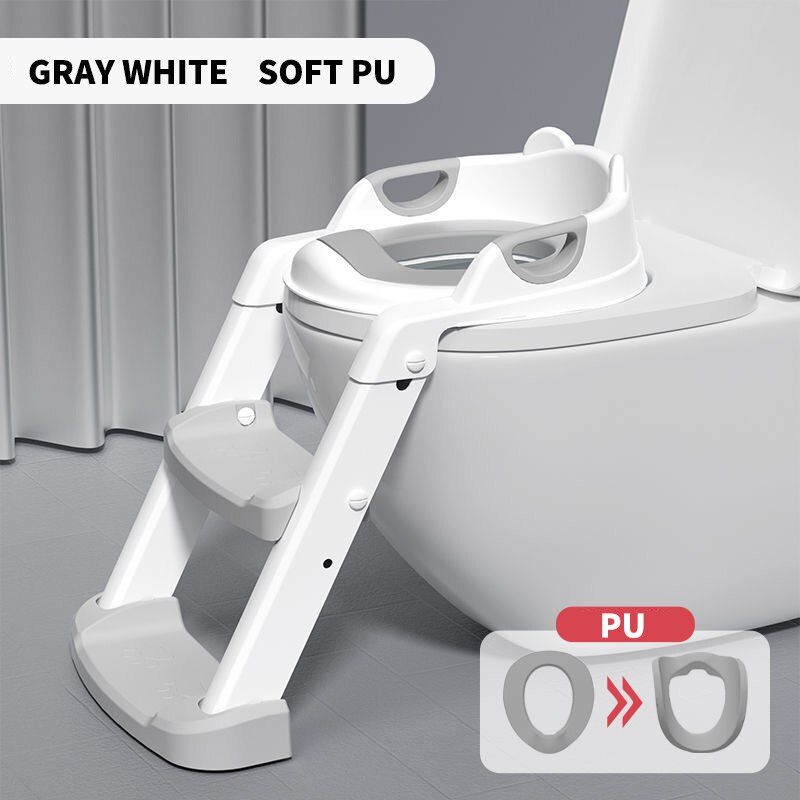 Folding Infant Potty Training Seat Urinal Backrest Chair With Step Stools Ladder For Baby Toddlers Boys Girls Safe Toilet Seat: GRAY WHITE PU