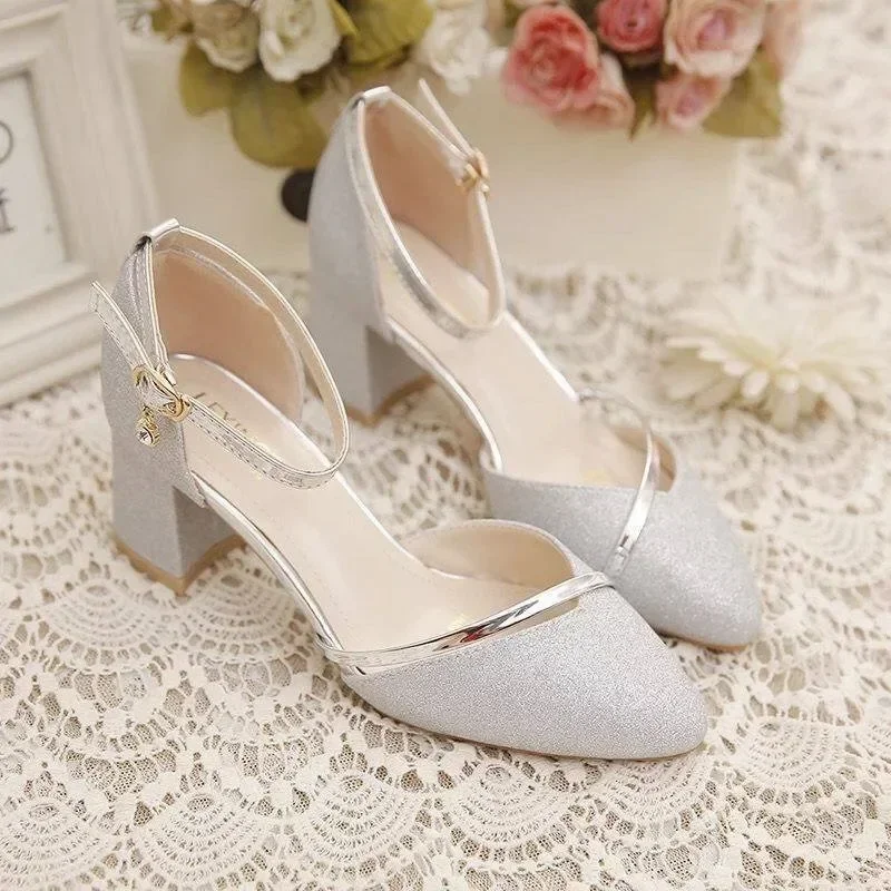 Baotou-Sandalias De tacón grueso De raíz puntiaguda para Mujer, Zapatos De con hebilla De una palabra, versión coreana, novedad