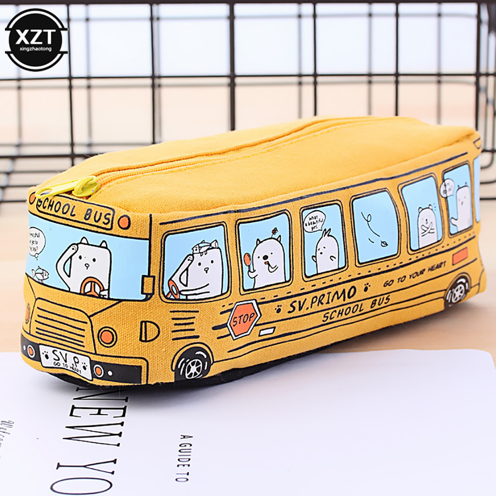 Cute Bus Pencil Case Canvas Stationery Box Large Capacity Pen Bag School Pencil Cases for Children Pen Case Kawaii Student: Yellow