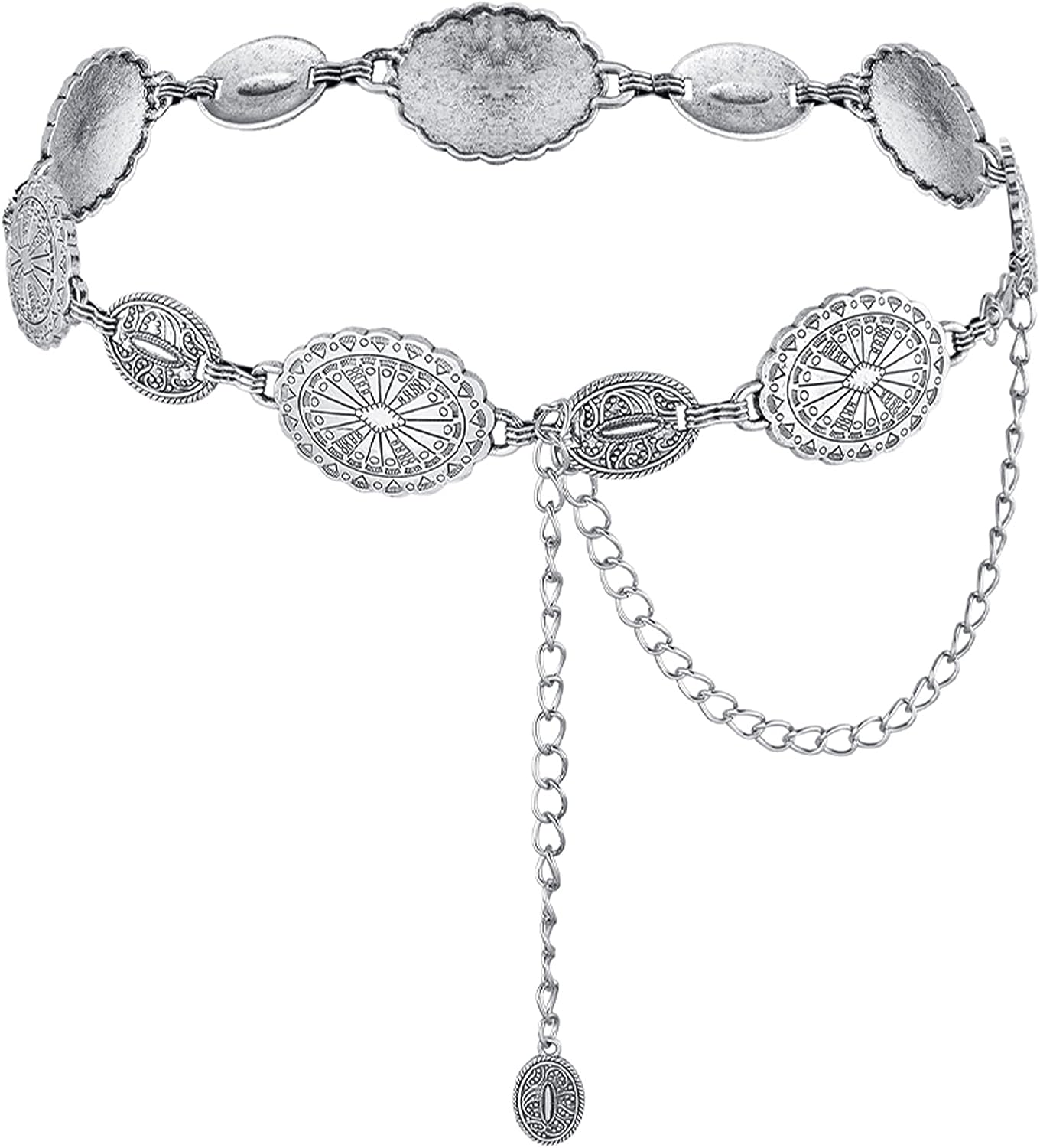 Metal Waist Chain Belt for Women Western Cowgirl Adjustable Concho Silver: black