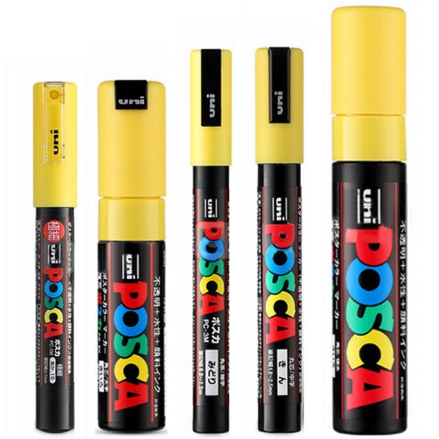 5 stk/sett uni posca tusj penn blande maling penn 5 størrelser stk -1m/3m/5m/8k/17k maleri pop plakat reklame penn skrivesaker: Gul