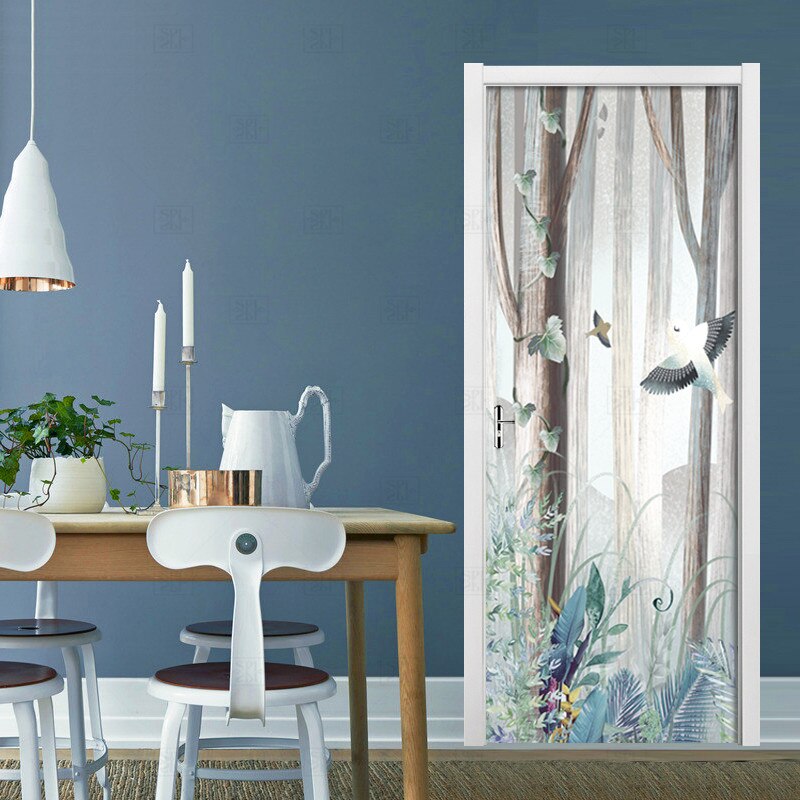 Diy dør klistermærke vintage blomster fugl foto tapet pvc vandtæt selvklæbende plakat stue soveværelse dør indretning vægmaleri