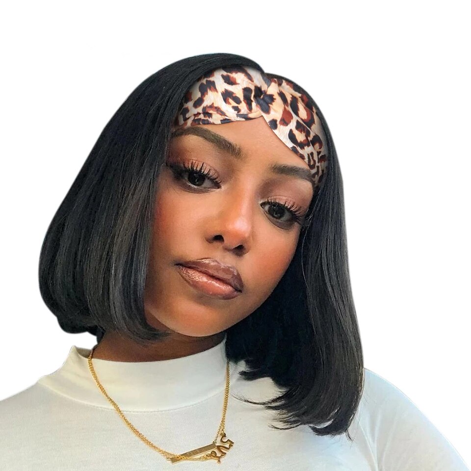 Aidaiya-Peluca de cabello sintético para mujeres negras, pelo corto Bob, con cordón ajustable, turbante, diadema, peluca recta Natural