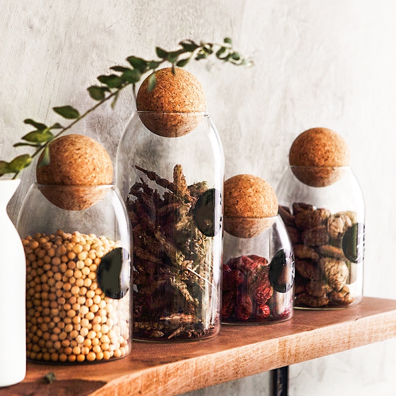 Clear Glass Jar Bottle Kitchen Storage Jars with Cork Ball Lid Airtight Canister Beans Granis Candy Kitchen Storage Organizer
