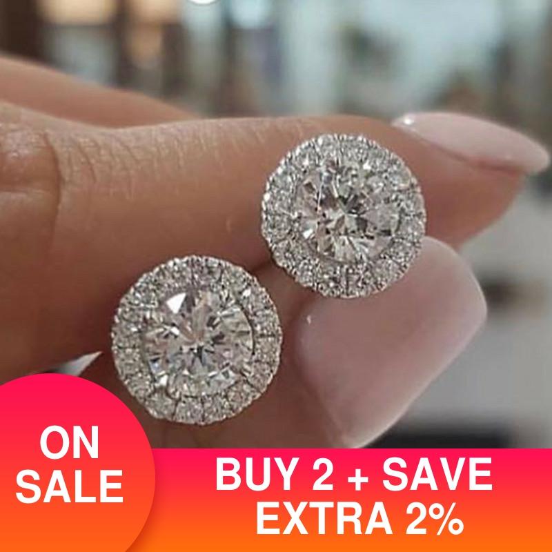 2pcs Pack 925 Sterling Silver Jewelry Set Halo Engagement Ring Round Stud Earring For Wedding Party J5569
