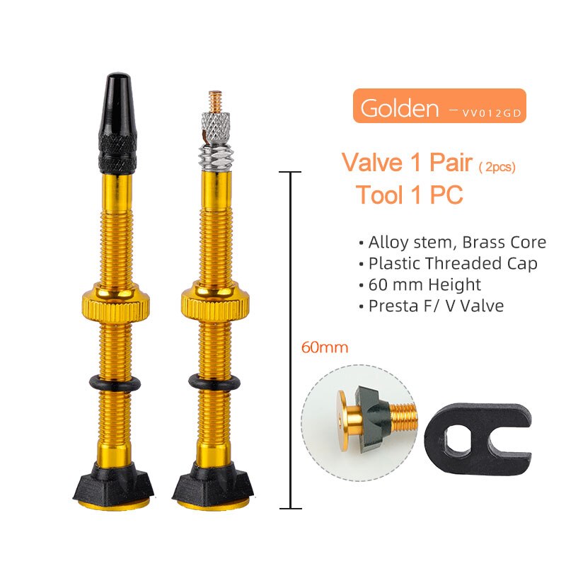 Bicicletta 1 paio 40/45/60mm Presta Valve per strada Tubeless Rim nucleo in ottone con tappo e strumento: 60mm Alloy Golden