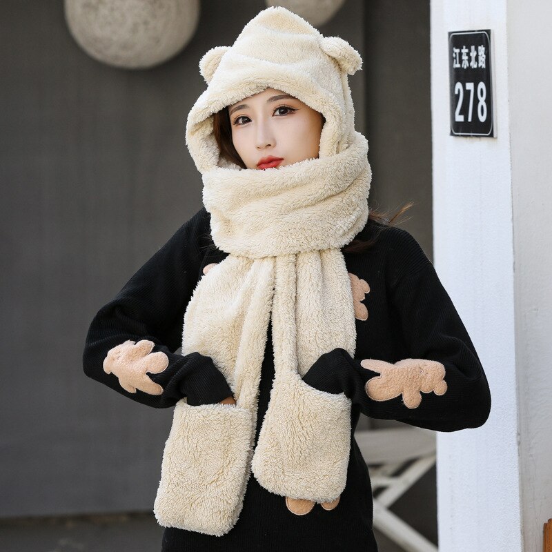 Women Cap Caps Warm Cute Bear Ear Hat Casual Plush Hat Scarf Set Casual Novelty Beanies Solid Winter WomenAC2164: Beige