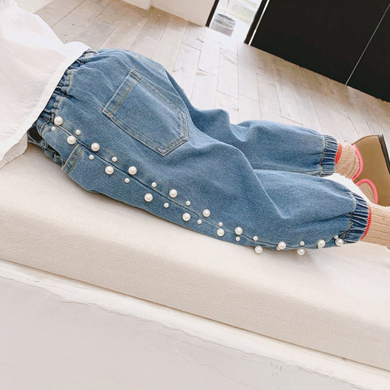 Jongens jeans lente herfst denim kinderjeans broek voor meisjes kralen zijkant broek kinderen rechte broek 2 4 5 6 7 8 jaar