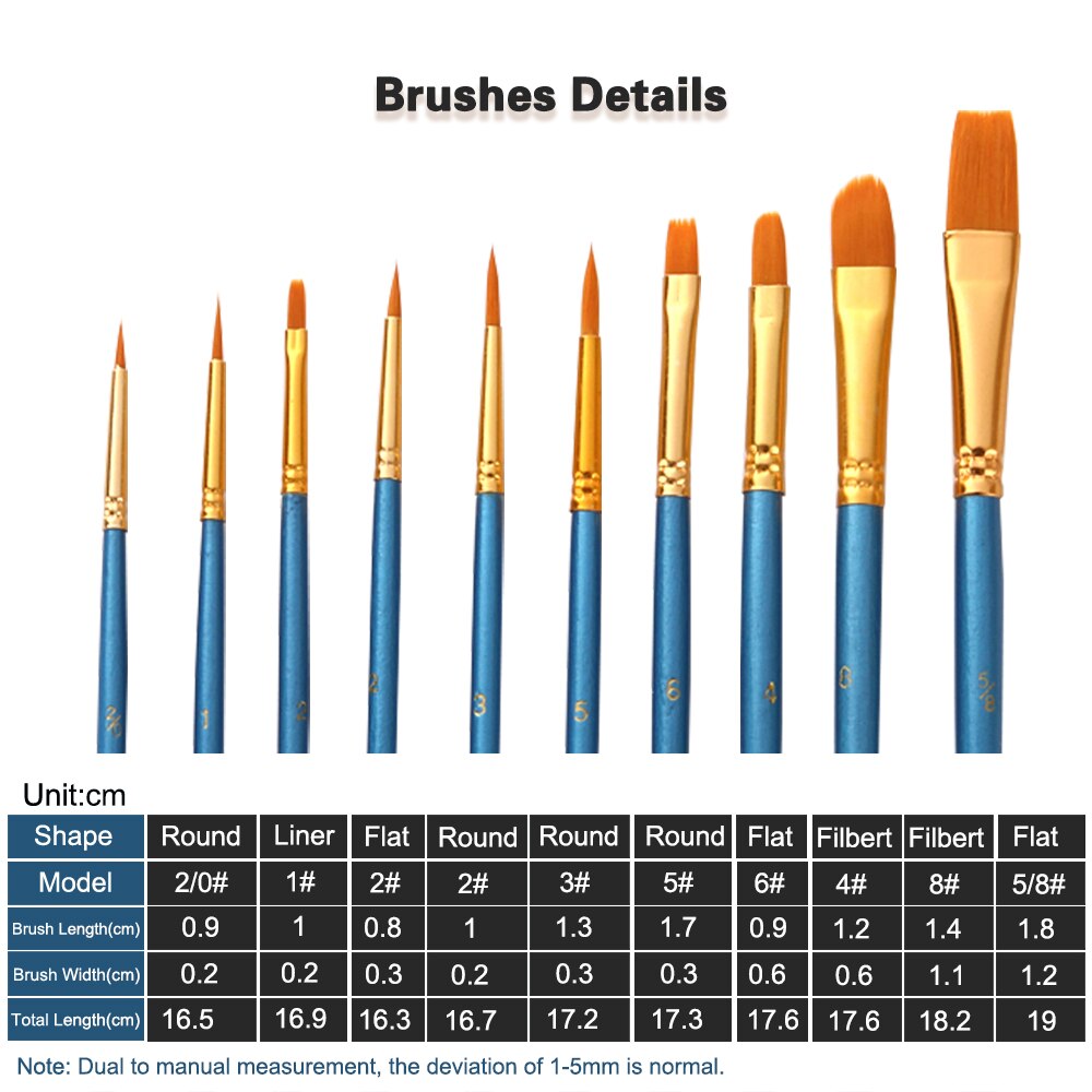 10pcs Paintbrush Set Art Paint Brushes Nylon Hair Wooden Handle for Acrylic Oil Gouache Face Nail Body Painting