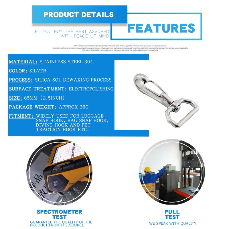 65mm Ring Square Eye Swivel Snap Hook Stainless Steel 304 Quick Straping Hook Lobster Clasps Hiking Camping Carabiner Pet Chain