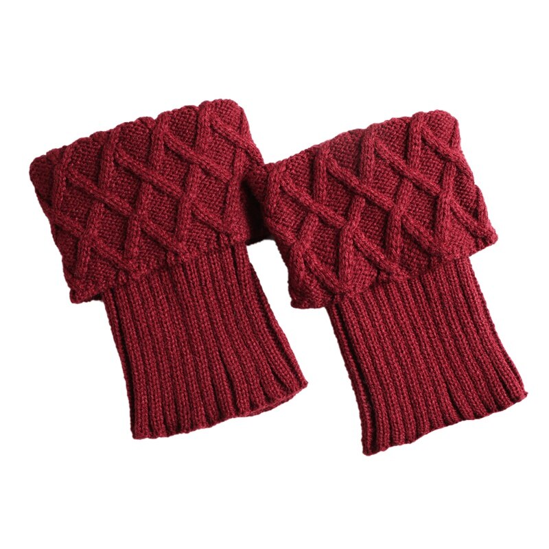 Leg Warmers Women Short Knitted Boot Cuffs Socks Cover Diamond Checkered Knitted Thermal Winter Shoe Accessories: Wine red