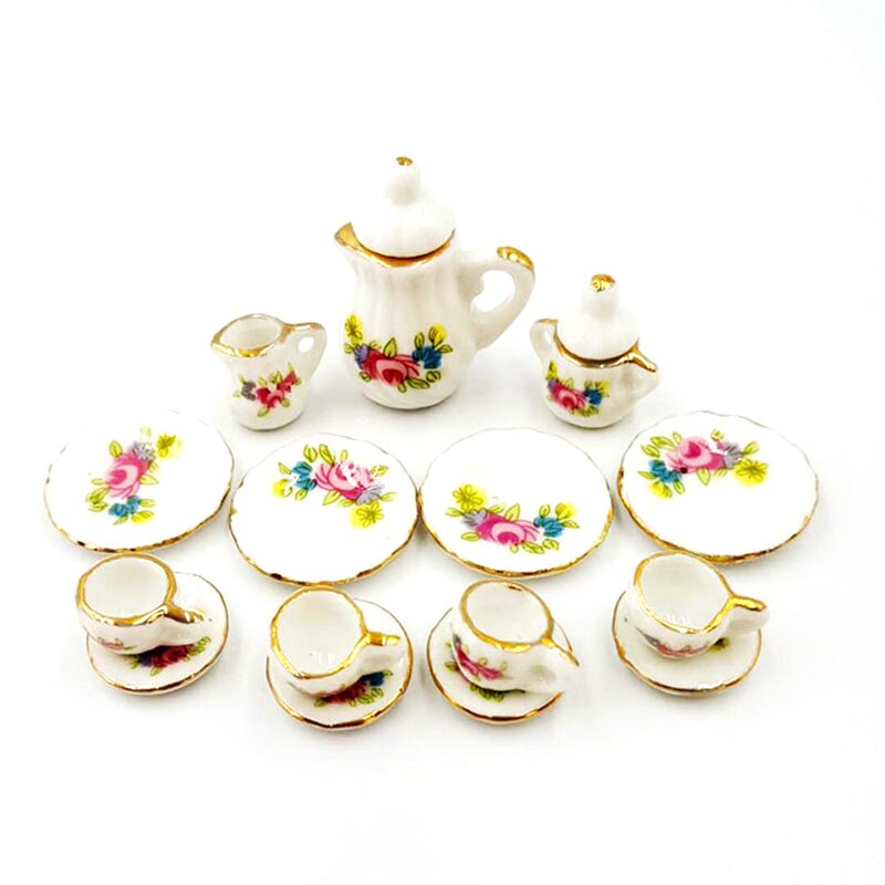 15pcs 1:12 Mini Porcelain Tea Cup Set China Flower Tableware Kitchen Doll House Scene Model Play House Toys: J