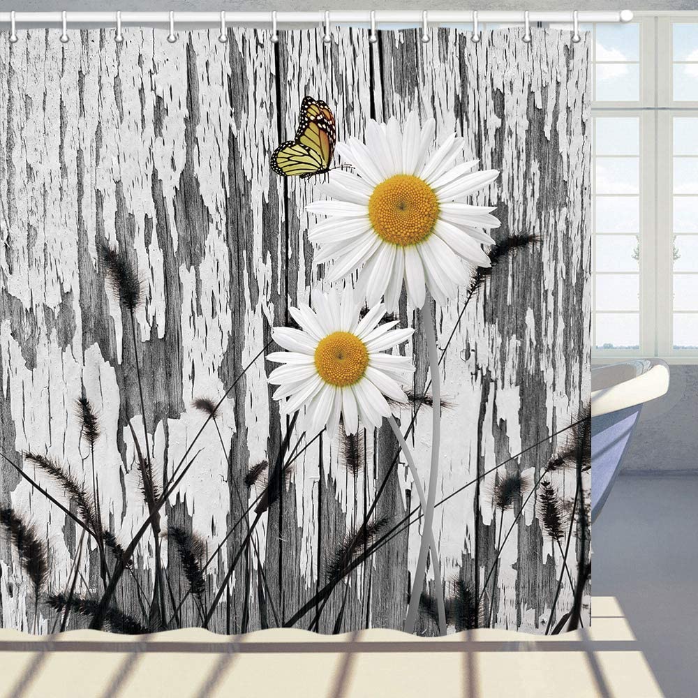 Tenda da doccia fiore rustico farfalla floreale fiori bianchi margherita con ganci pannelli di assi di legno grigio Vintage tende da bagno: 240x180cm-94x70inch