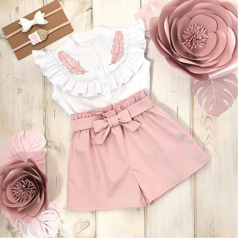 Lovely Kid Baby Girls Feather Clothes set top senza maniche estivi fasciatura pantaloncini 2 pezzi abiti moda abbigliamento 2-6 anni