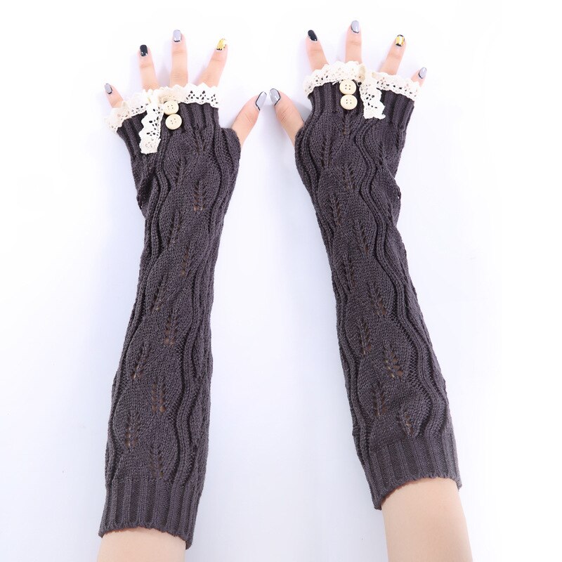 Herfst Winter Mode Handschoen Jaar Kant Knop Gebreide Garen Warm Houden Vingerloze Half Vinger Lady Vrouwen Arm Lange handschoenen: dark grey