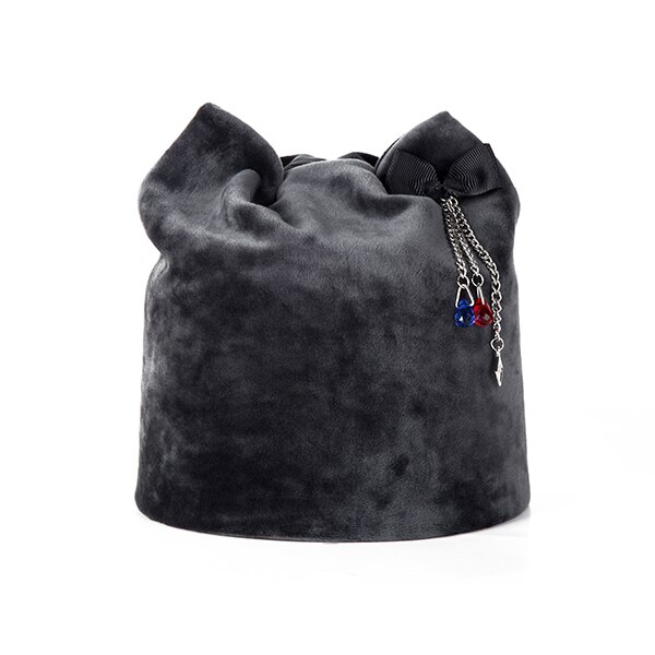 Wintermutsen dames muts effen kleur zacht voor de herfst fluwelen flanellen muts casual schattige strik voor meisjes skullies pet: Donkergrijs 2