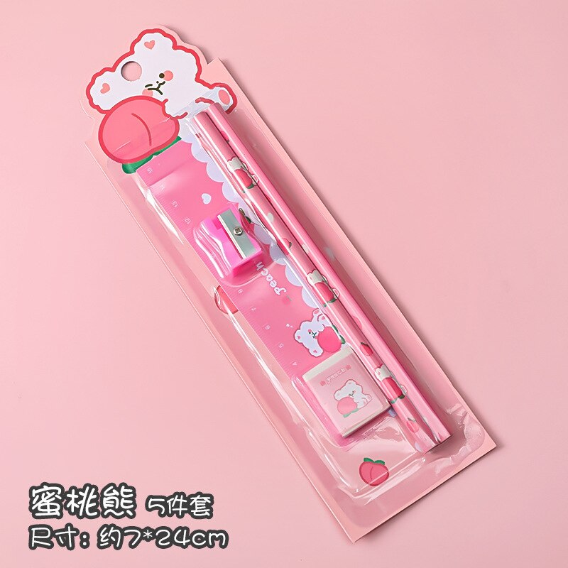 5 In 1 Cartoon Stationery Set Students Learn Pencil Sharpener Eraser Ruler School Drawing Tool Sketch Supplies Kindergarten: Bear