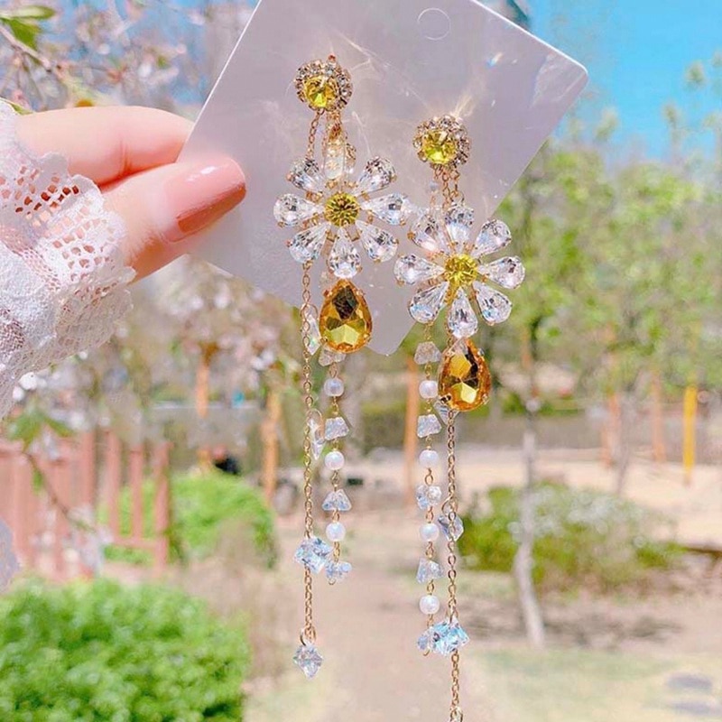 Nuevos exagerados de MENGJIQIAO, pendientes largos elegantes con flores amarillas de cristal y perlas, Pendientes colgantes para mujeres y niñas, joyería para fiestas