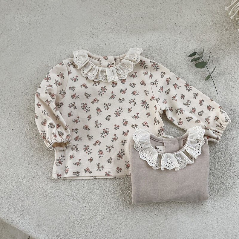 Baby Girl Spring Floral Shirts Cotton Infant Long Sleeve Tops Lace Collar Princess Blouse Kids Baby Girl Bottoming Shirt: floral / 9M  73cm