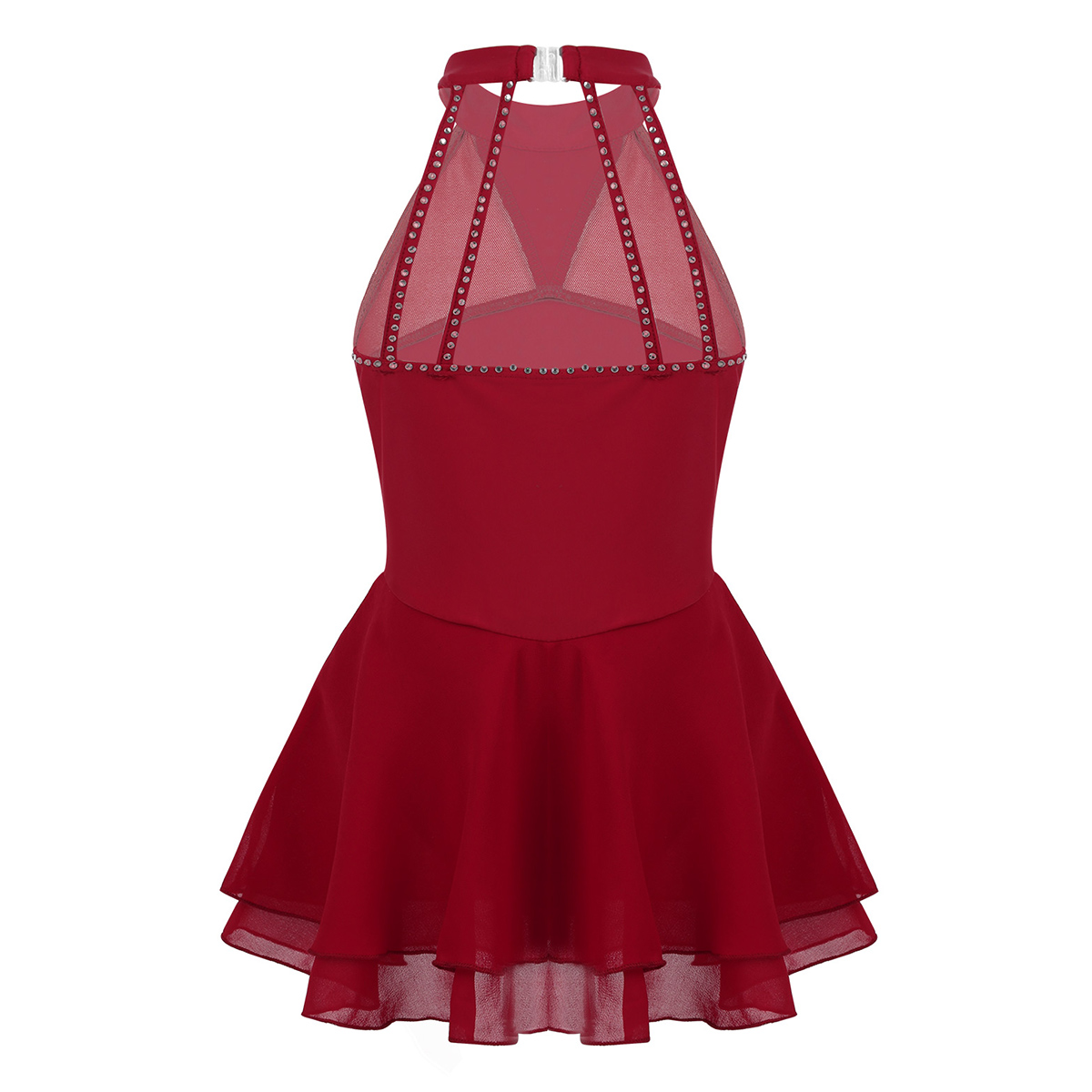 TiaoBug Kids Teens Mouwloze Sparkly Steentjes Mesh Splice Figuur Schaatsen Jurk Meisjes Ballet Gymnastiek Turnpakje Dans Slijtage