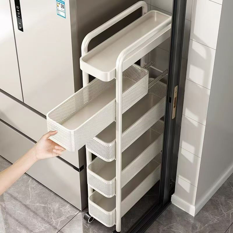 Rustfritt stål kjøkkenfugehylle kjøleskap sideuttrekkbart skap baderomsvogn veldig smal oppbevaringsskap