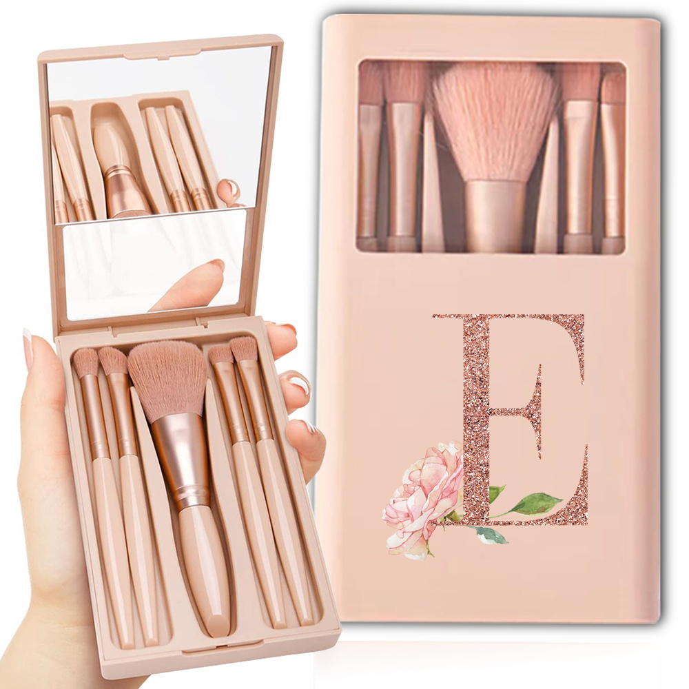 Kit de brochas cosméticas con espejo y estuche, caja plegable, juego de brochas de maquillaje, herramienta de belleza portátil, patrón de letras de oro rosa, 5 uds.: Transparente
