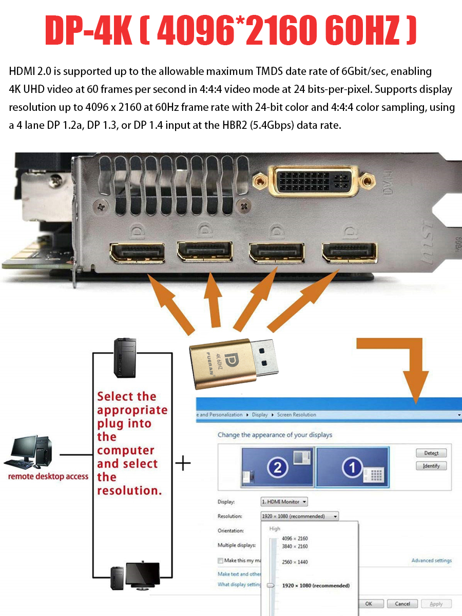 DP - DisplayPort Display Emulator EDID Emulator Plug 2K (fit Headless 2560x1600@30Hz) 4K 4096x2160@60Hz Display Port Dummy Plug