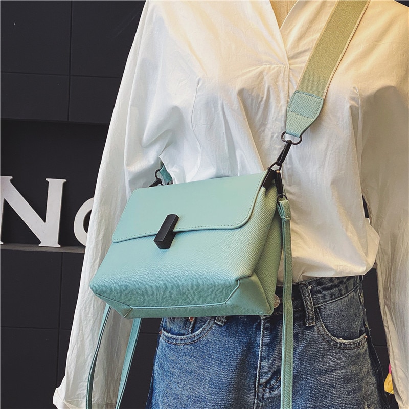 Solid color Flap Crossbody bag High Leather Women's Handbag Wide Shoulder strap Shoulder Messenger Bag