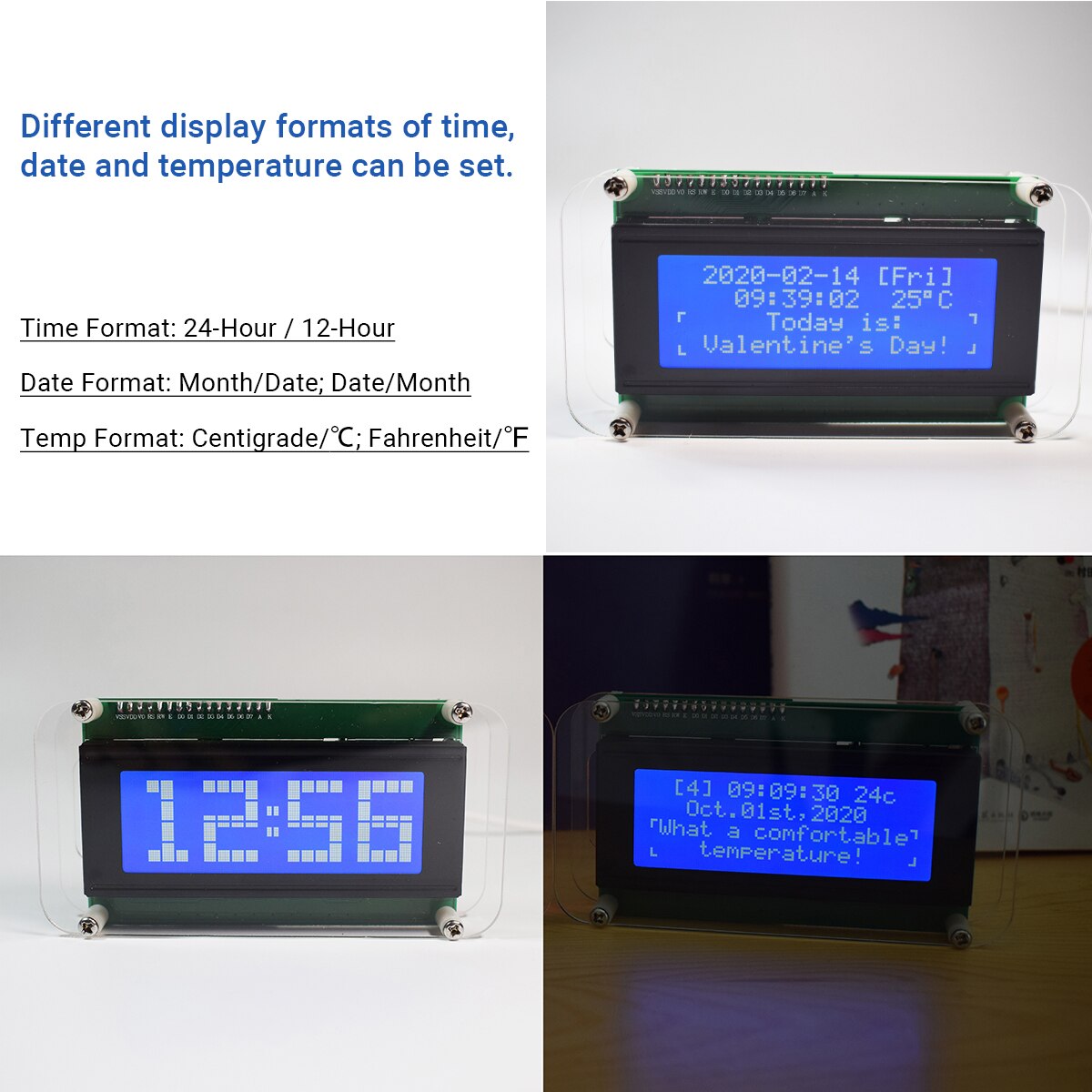 Klok Module Kit Lcd Muziek Klok Grote Lettertype 4-Digit Digitale Multifunctionele Klok Met Tijd/Datum/Week/Temperatuur/Wekker