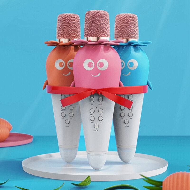 Wireless Bluetooth Microphone Handheld Condenser Mic Speaker with LED Lights Record Function Karaoke Mic for Kids