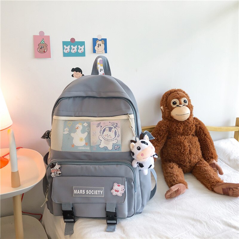 DIEHE Multifunction Nylon Women Backpack Female Transparent Pocket Small Travel Bag Girl Schoolbag Book Bag Kawaii Backpack: Blue / NO Pendant