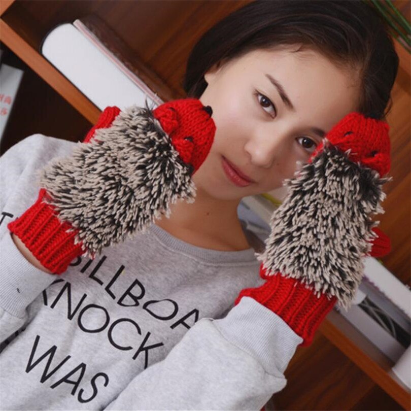 Winter Gloves for Women Girls Novelty Cartoon Knit Thick Mittens Warm Fitness Gloves Hedgehog Ski Heated Wrist Mittens