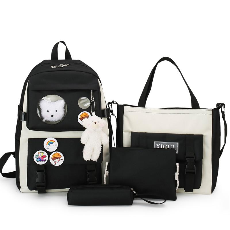 Kawaii Vrouwen Rugzak 4 Stuks Set Schooltassen Voor Meisjes Casual Klassieke Unisex Grote Laptop Leuke Casual Rugzakken mode: Black