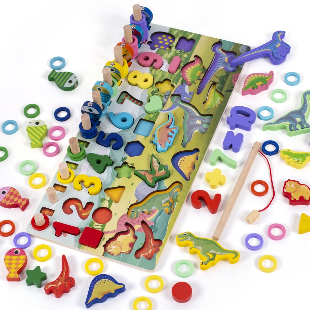 Montessori Educational Wooden Toys Children Busy Board Shape Color Math Matching Puzzle Magnetic Fishing Counting Toys: Dinosour