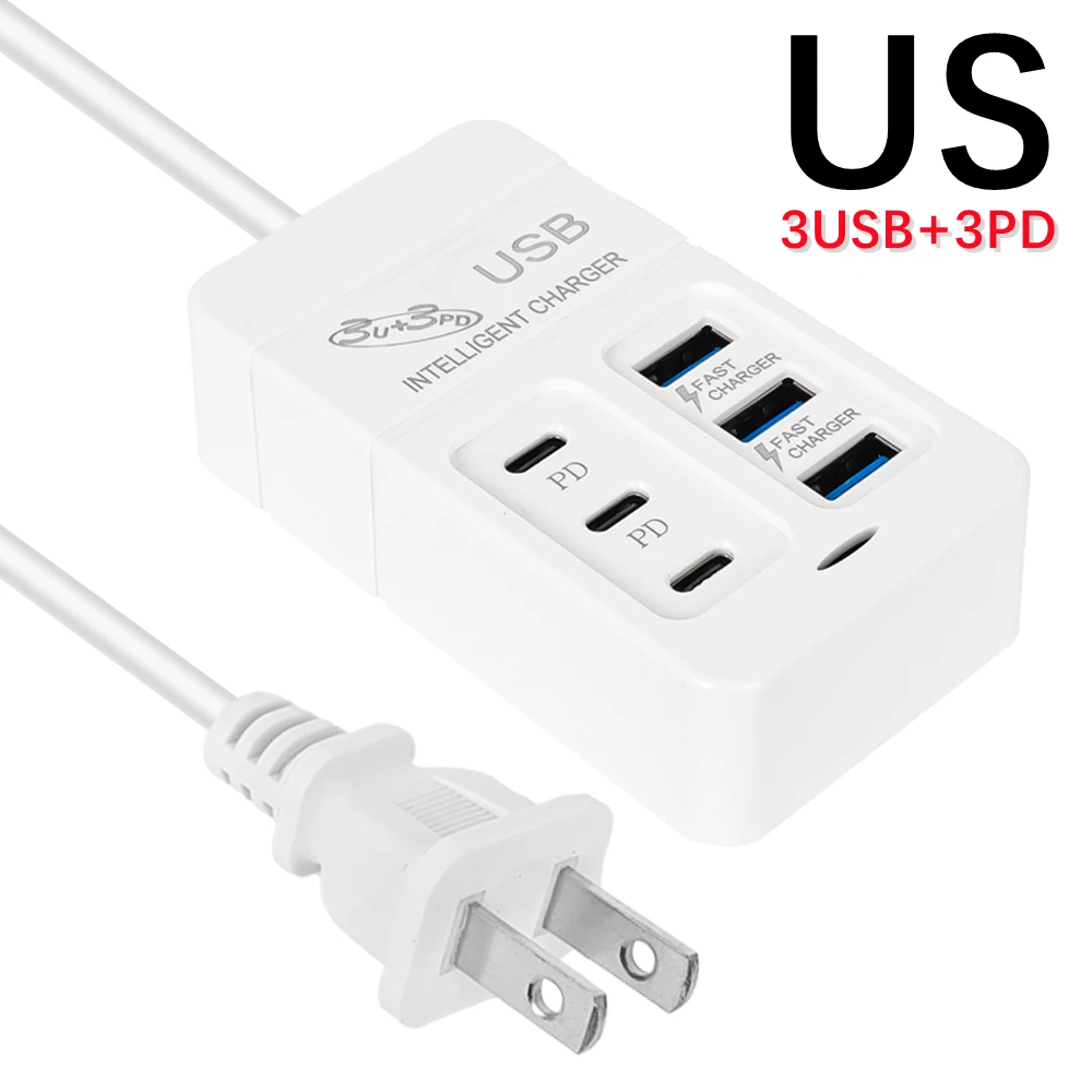 Cargador USB multipuerto de 6 puertos, 35W, PD tipo C, carga rápida para teléfono móvil, cargadores de pared tipo C, adaptador de concentrador tipo C, enchufe UE, EE. UU., Reino Unido: Blanco