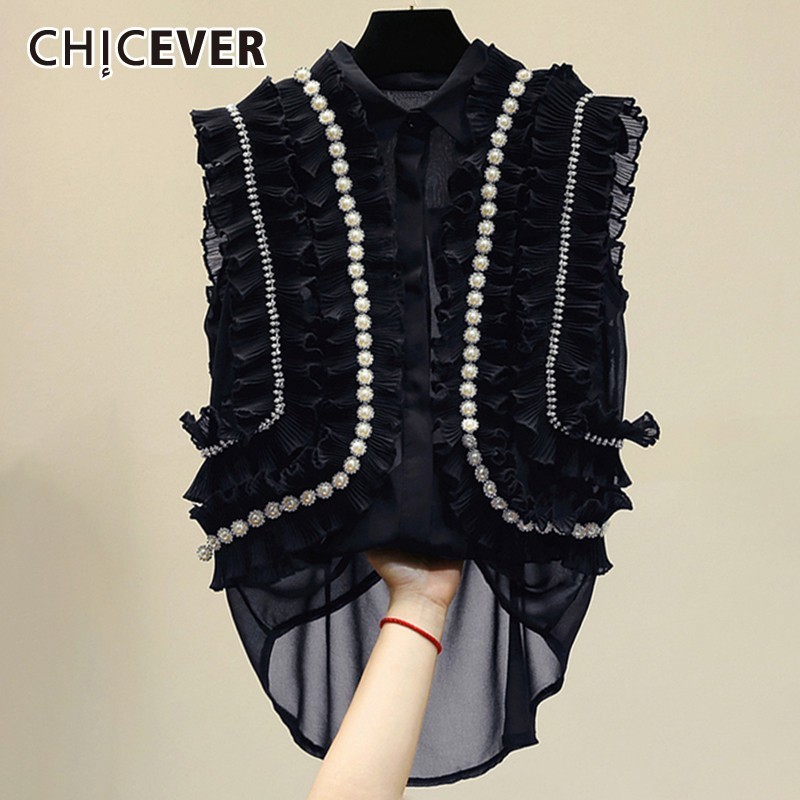 Chicever casual chiffong patchwork volanger dam skjorta lapel kortärmad pärlknapp smal kvinnlig långa toppar
