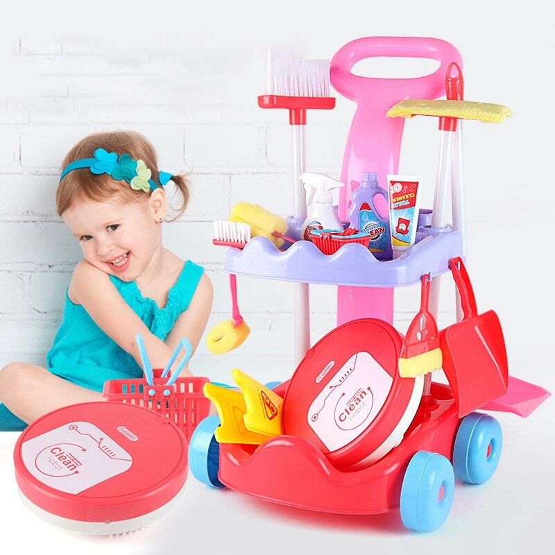 Kids Cleaning Trolley Toy Set Simulation House Cleaning Tool Playset Pretend Role Play Toy with Clean Robot