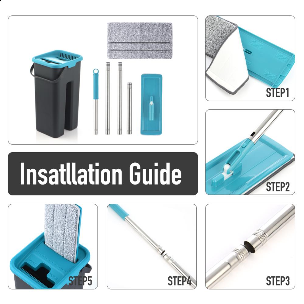 Serpillière de nettoyage de sol humide et sec avec tampons en microfibre, ensemble de seaux et serpillères réutilisables, pour parquet, stratifié, carrelage en vinyle