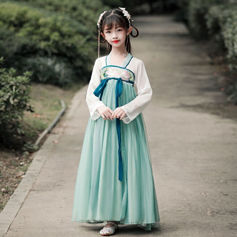 Disfraz de Hanfu chino para niños, ropa tradicional de danza folclórica puesta en escena, espectáculo de niña, cantantes Retro, vestido de Hada de princesa: 140(9-10Y)