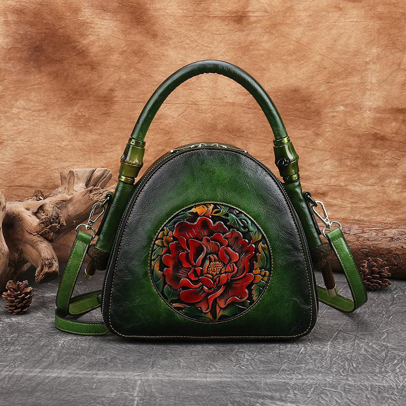 Gagacia 2021 novos sacos de ombro para as mulheres do vintage bolsa couro estilo chinês artesanal em relevo flor feminina bolsas concha: Green