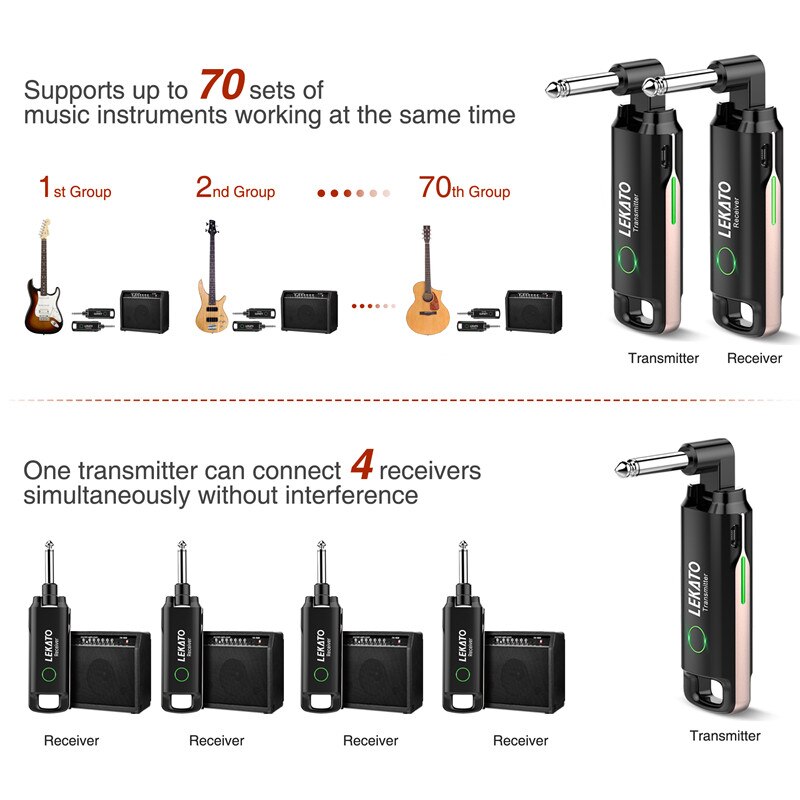 LEKATO WS-70 Wireless Guitar System incorporato ricaricabile 70 canali Wireless Guitar trasmettitore ricevitore per chitarra elettrica