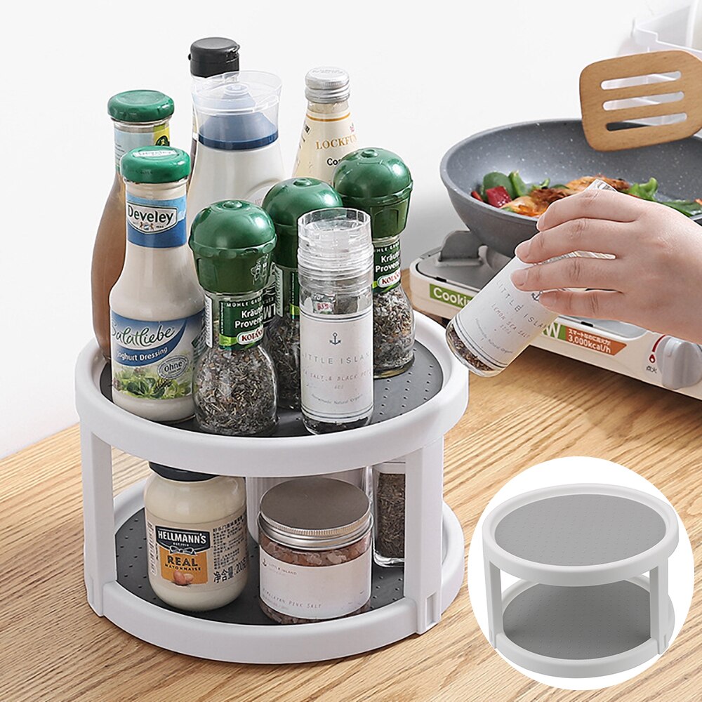 2 Tier Rotating Organizer Round Shelf Condiment Storage Rack Kitchen Storage Tray Pantry Cabinet Turntable Spice Rack